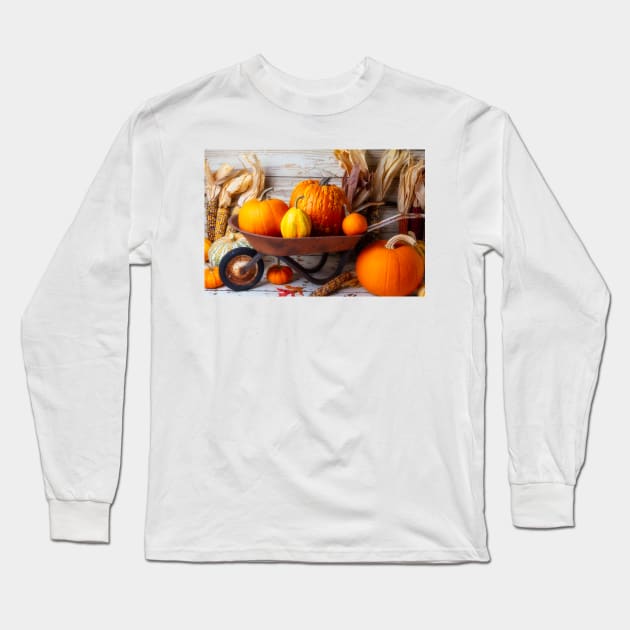 Old Rusty Wheelbarrow Full Of Pumpkins Long Sleeve T-Shirt by photogarry